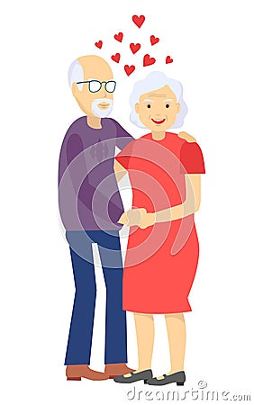 Senior couple in love. Elderly people stand and hug together. Vector illustration. Old couple in love. Vector drawing of Vector Illustration