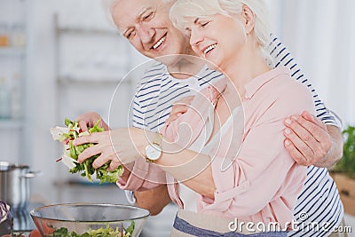 Senior couple making salad Stock Photo