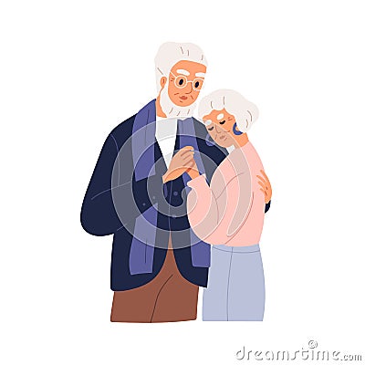 Senior couple of man and woman hugging. Old gray-haired husband and wife embracing and supporting each other. Grandma Vector Illustration