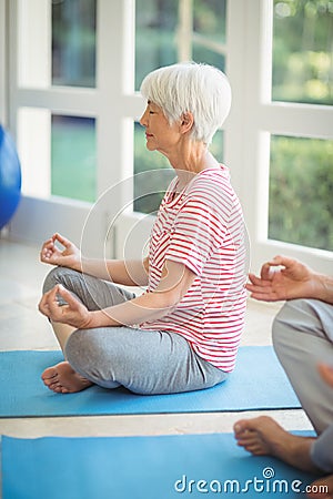 Senior couple performing yoga on exercise mat Stock Photo