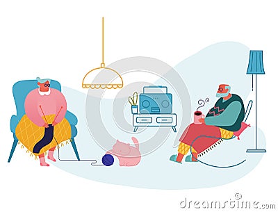 Senior Couple Relax Sitting in Living Room. Woman Knitting Clothing, Man Drinking Tea and Listen to Radio Vector Illustration