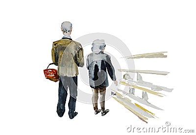 Senior couple shopping in the supermarket. Back view on the two elder man and woman in front of shelves in the shop. Original Cartoon Illustration
