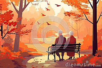 senior couple sitting on bench in park in autumn Cartoon Illustration
