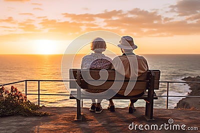 Senior couple sunset bench. Generate Ai Stock Photo