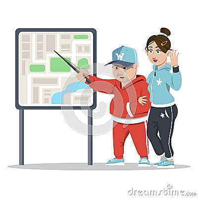 Senior couple traveling. Grandparents. Elderly couple having city sightseeing tour. Old tourists reading a map. Vector Illustration