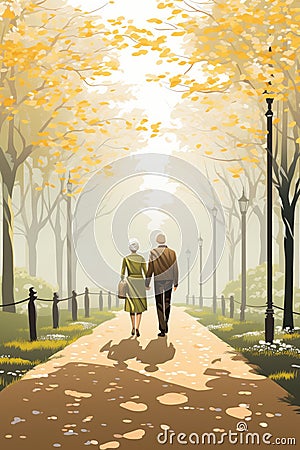 senior couple walk in park in spring AI generated Cartoon Illustration