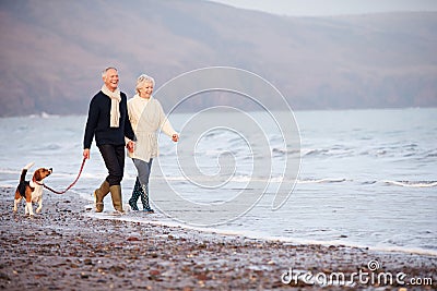 Senior Couple Walking Along Winter Beach With Pet Dog Stock Photo