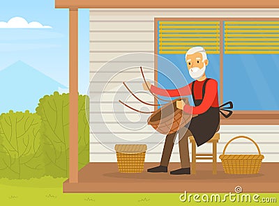 Senior Craftsman Weaving Baskets, Craft Hobby Vector Illustration Vector Illustration