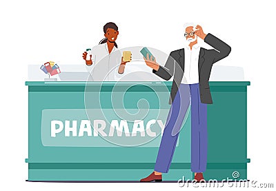 Senior Customer Purchase Medicament in Drugstore. Old Man Buy Drug at Pharmacy. Character Holding Medicine Package Vector Illustration