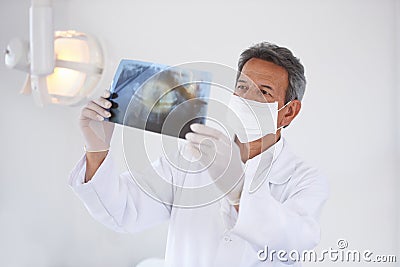 Senior dentist, man and xray of teeth for dental surgery, healthcare and oral health with face mask in clinic. Medical Stock Photo