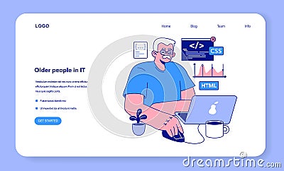 Senior developer web banner or landing page. Oldman programming Vector Illustration