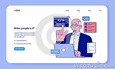 Senior developer web banner or landing page. Oldman programming Vector Illustration