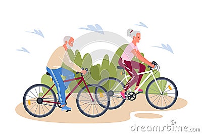 Senior elderly couple enjoying cycling in summer outdoor park, healthy lifestyle Vector Illustration