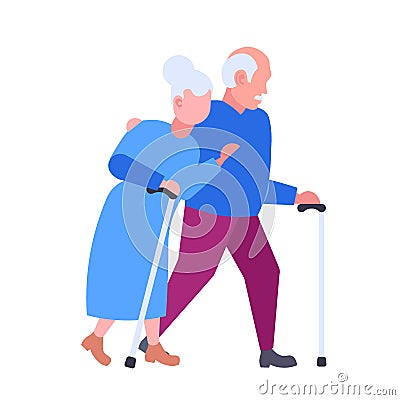 Senior elderly couple walking together aged gray haired man woman embracing happy grandparents in love togetherness Vector Illustration