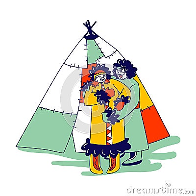 Senior Eskimos Family Characters in Traditional Warm Clothing Stand front their Yurt. Inuit Minorities Esquimau Vector Illustration