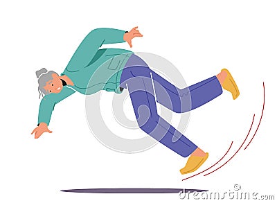 Senior Female Character Slip on Floor or Puddle Falling Down on the Ground, Old Woman Clumsiness, Injury, Carelessness Vector Illustration