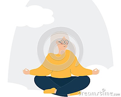 Elderly woman relaxing in lotus yoga posture. Balance and harmony with the nature. Mental health wellbeing concept Vector Illustration