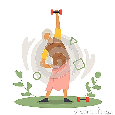 Senior female perform exercise with dumbbells. Morning training and fitness time Vector Illustration