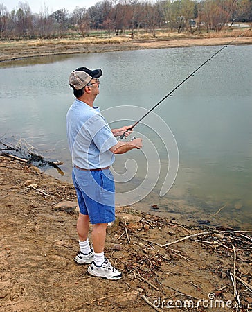 Senior Fisherman at the Lake Stock Photo