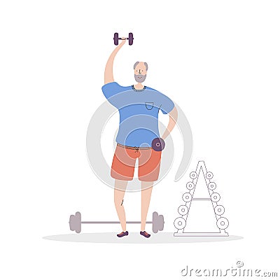 Flat vector illustration Senior Fitness. Smiling grandfather lifting weights. Vector Illustration