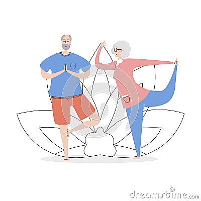 Flat vector illustration Senior Yoga. Smiling grandfather and grandmother practising asana together and a lotus flower. Vector Illustration