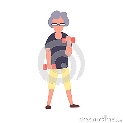 Senior fitness woman training with dumbbells. Recreation and leisure senior activities concept. Cartoon elderly female Vector Illustration