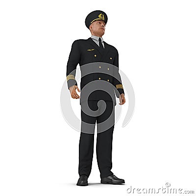 Senior flight captain standing on white. 3D illustration Cartoon Illustration