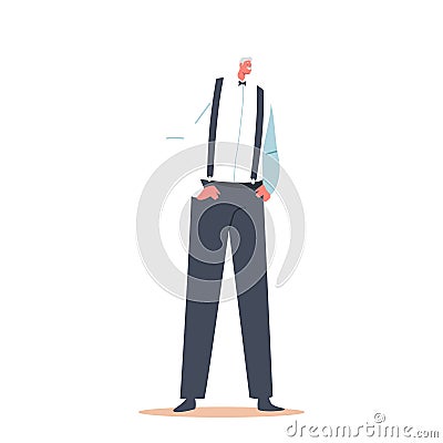Senior Gentleman Groom, Elderly Newlywed Character Wear Trousers on Suspenders with Hands in Pockets, Old Smiling Man Vector Illustration