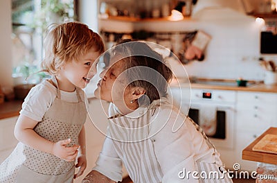 Senior grandmother with small toddler boy making cakes at home, kissing. Stock Photo