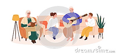 Senior grandparents and grandchildren at home. Elderly grandfather playing music on guitar for kids. Old and young Vector Illustration