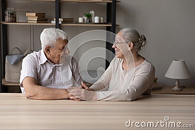 Senior grandparents sit at table holding hands feeling love Stock Photo