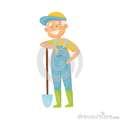 Senior Grey-haired Man with Mustache Doing Gardening with Spade Vector Illustration Vector Illustration