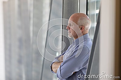 Senior grey-haired man standing deep in thought Stock Photo