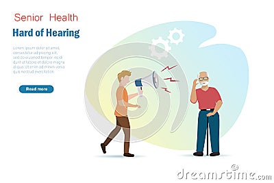 Senior hard hearing disorder, elderly listening problem and health care concept. Man holding megaphone speak loundly to senior man Vector Illustration