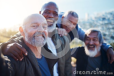 Senior hiking, selfie and nature walk of elderly men smile together in retirement. Friends, trekking adventure and Stock Photo