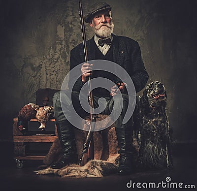 Senior hunter with a english setter and shotgun in a traditional shooting clothing, sitting on a dark background. Stock Photo