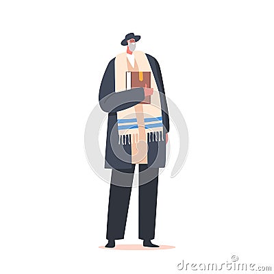 Senior Jewish Man wear National Clothes and Hat Holding Torah Book in Hands. Orthodox Jewish Male Character, Rabbi Vector Illustration