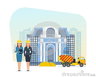 Senior and junior engineers stand on construction site for museum. Vector Illustration