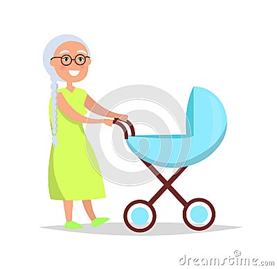 Senior Lady with Long Grey Braid Carrying Trolley Vector Illustration