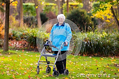Senior lady with a walker in autumn park Stock Photo