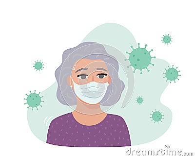 Elderly woman afraid of virus exposure Vector Illustration