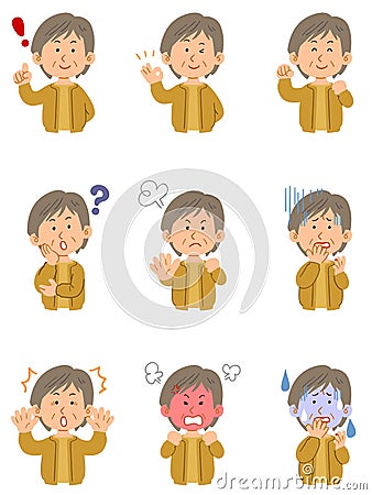 Senior lady wearing a yellow cardigan, set of nine different poses, upper body Vector Illustration