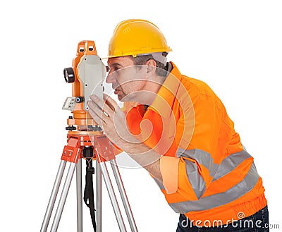 Senior land surveyor with theodolite Stock Photo