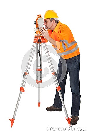 Senior land surveyor with theodolite Stock Photo