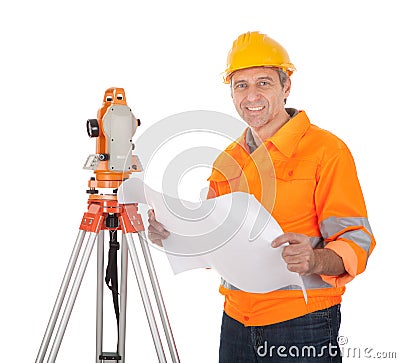 Senior land surveyor with theodolite Stock Photo