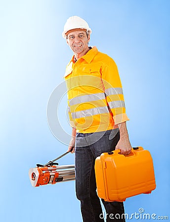 Senior land surveyor with theodolite equipment Stock Photo