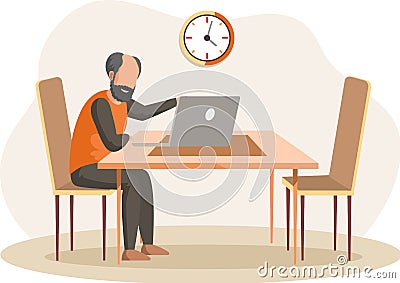 Senior male character, elderly man watching video on screen, chatting, working with laptop at home Vector Illustration