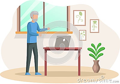Senior male character, elderly person watching video, chatting, working with laptop at home Vector Illustration