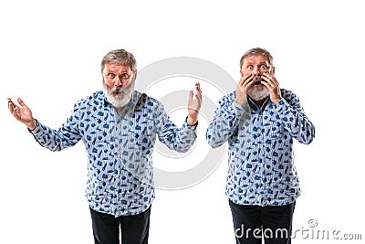 Senior man arguing with himself on white studio background. Stock Photo