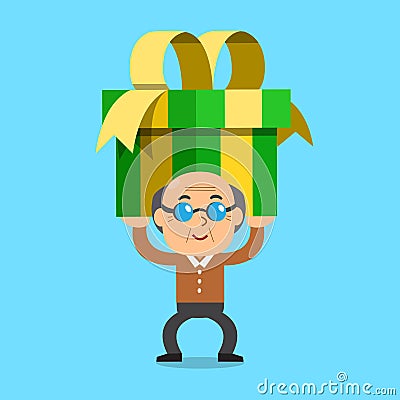 Senior man carrying a big gift box Vector Illustration
